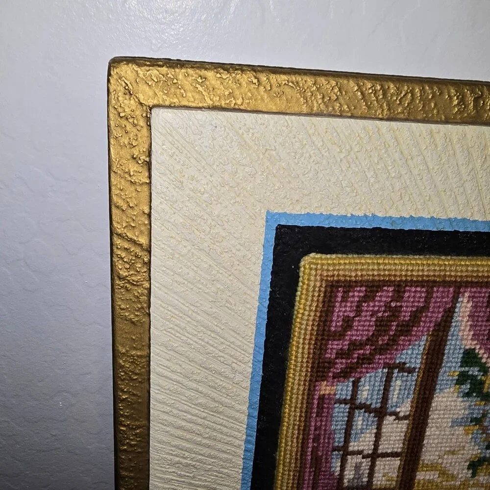 Vintage Framed Needlepoint Of Woman/Girl Looking out Window Large 23x20 Inches - Picture 3 of 11